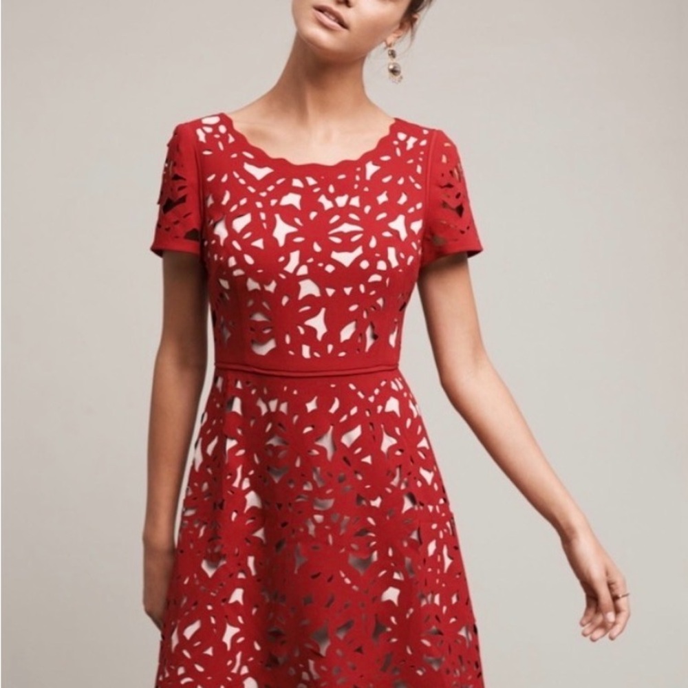 Anthropologie x Moulinette Soeurs
Aliz Red Laser-Cut Short Sleeve A-Line Dress